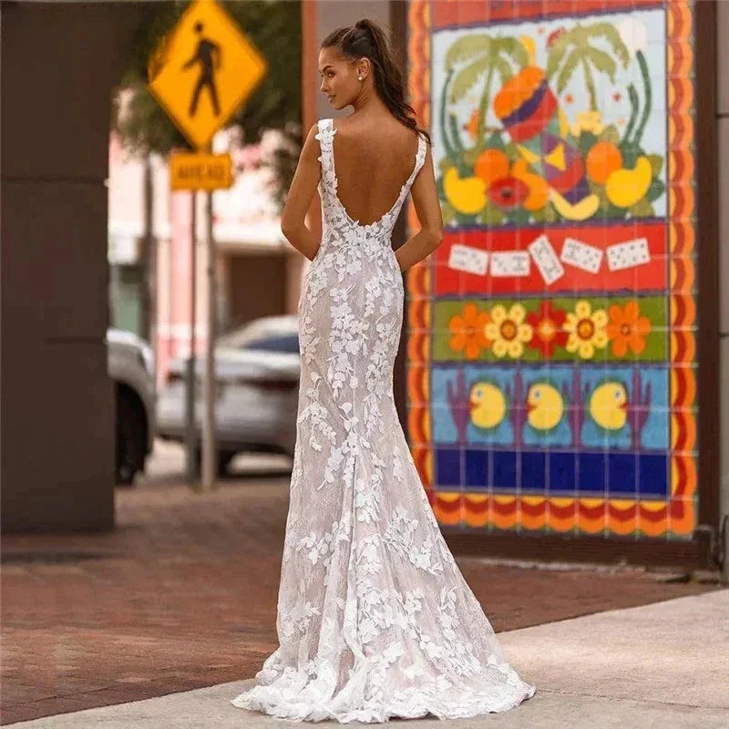 Elegant Lace Mermaid Vestidos De Novia Beach Open Back Sleeveless Wedding Dresses Appliques Vestido De Noiva (ZD13285)