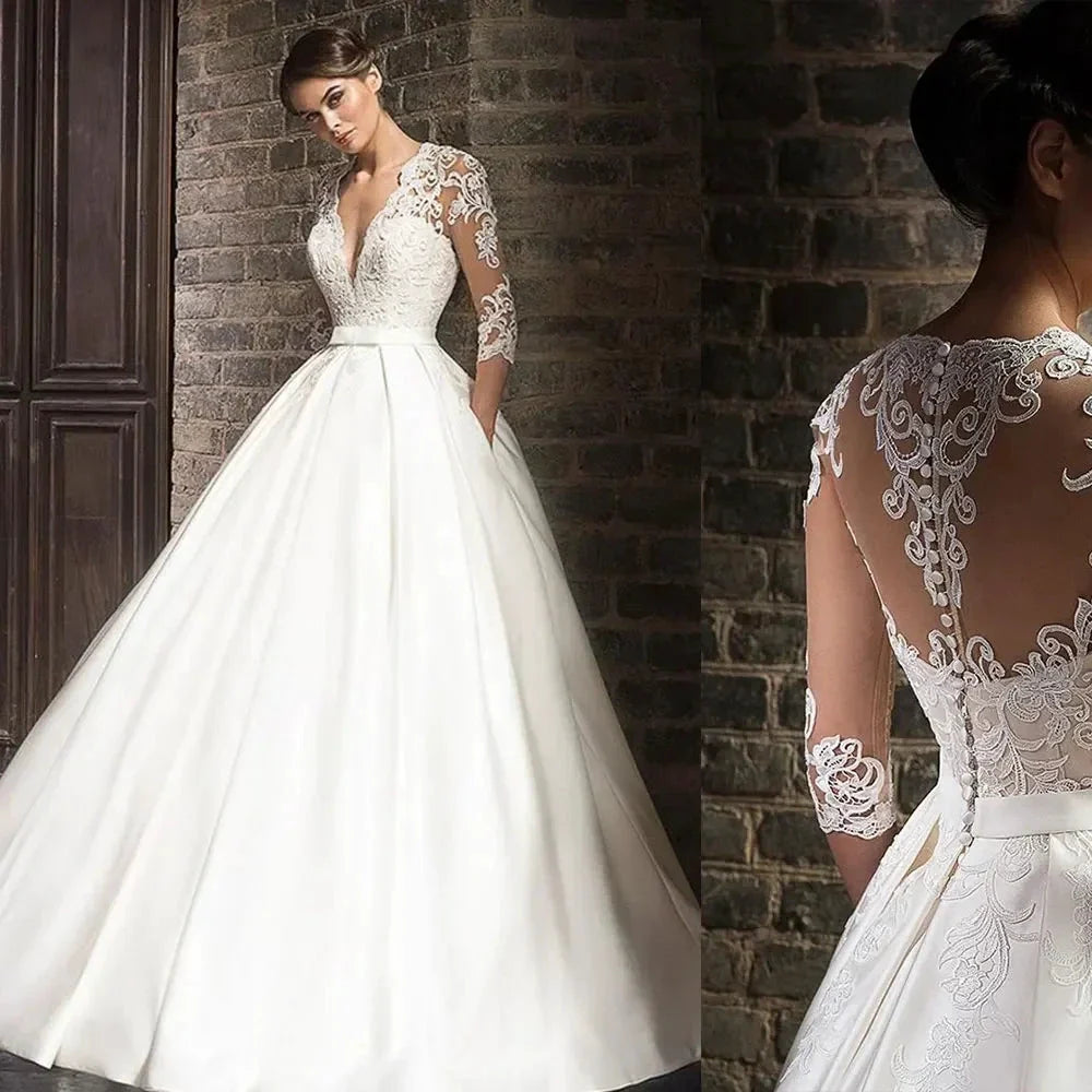 Elegant Lace Wedding Dresses Sexy Deep V-Neck Vestido De Novia Sleeve Bridal Gowns with Pockets Customized Robe Mariee (ZD14196)