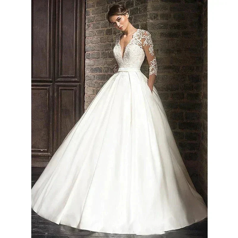 Elegant Lace Wedding Dresses Sexy Deep V-Neck Vestido De Novia Sleeve Bridal Gowns with Pockets Customized Robe Mariee (ZD14196) - View 2 | VelvetHem