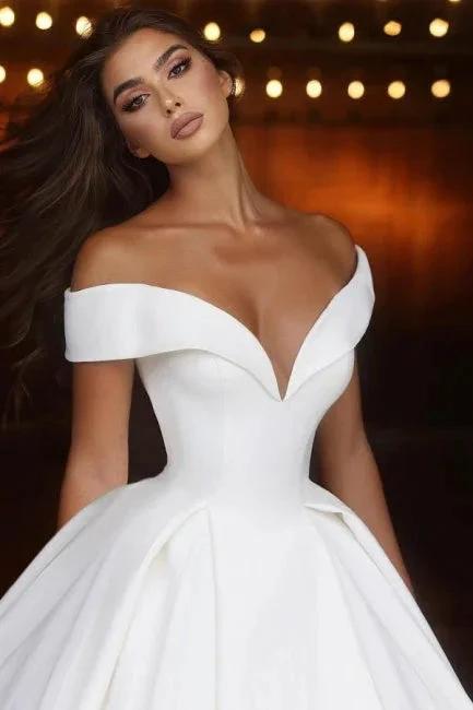 Elegant Long A-line Off-the-shoulder V-neck Satin Wedding Dress (ZD15606)