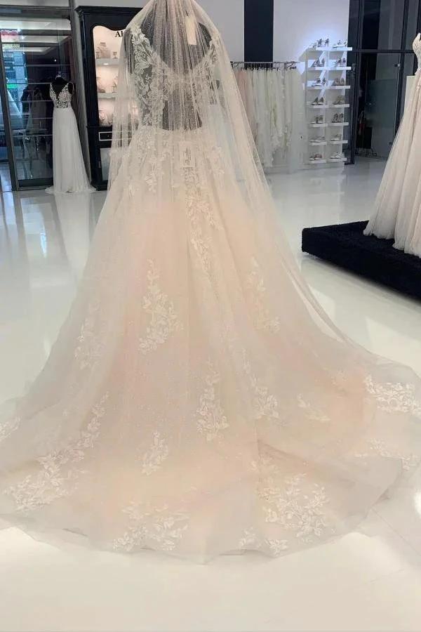 Elegant Long A-line V-neck Tulle Sleeveless Wedding Dresses with Lace (ZD15640)