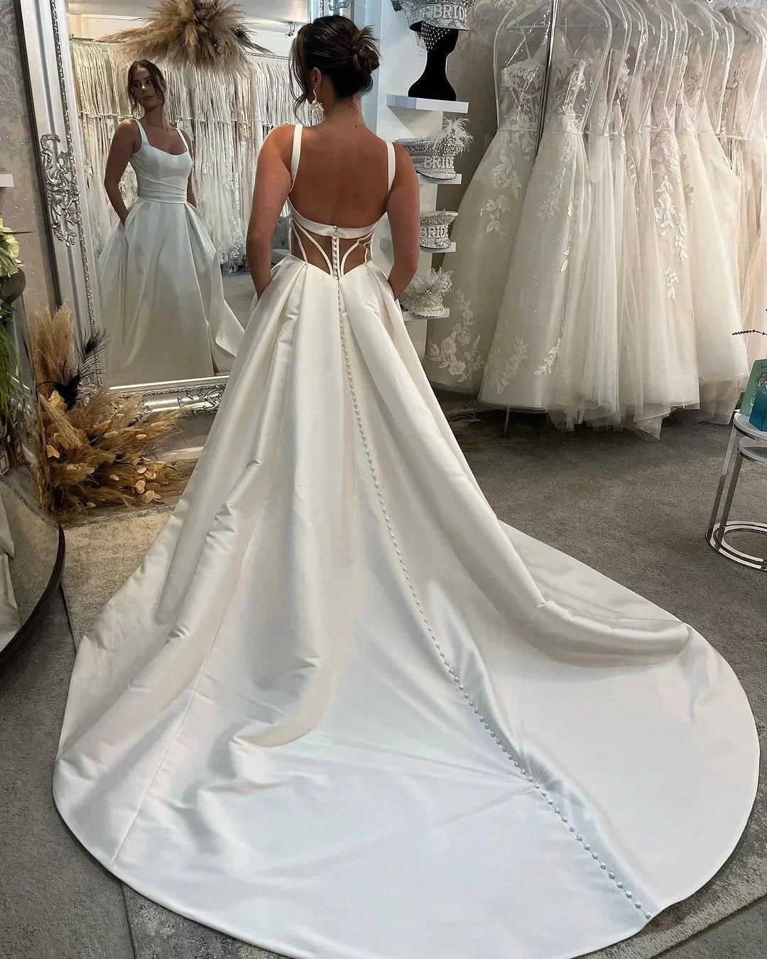 Elegant Long Ivory A-line Straps Satin Sleeveless Backless Wedding Dress With Slit (ZD15669)