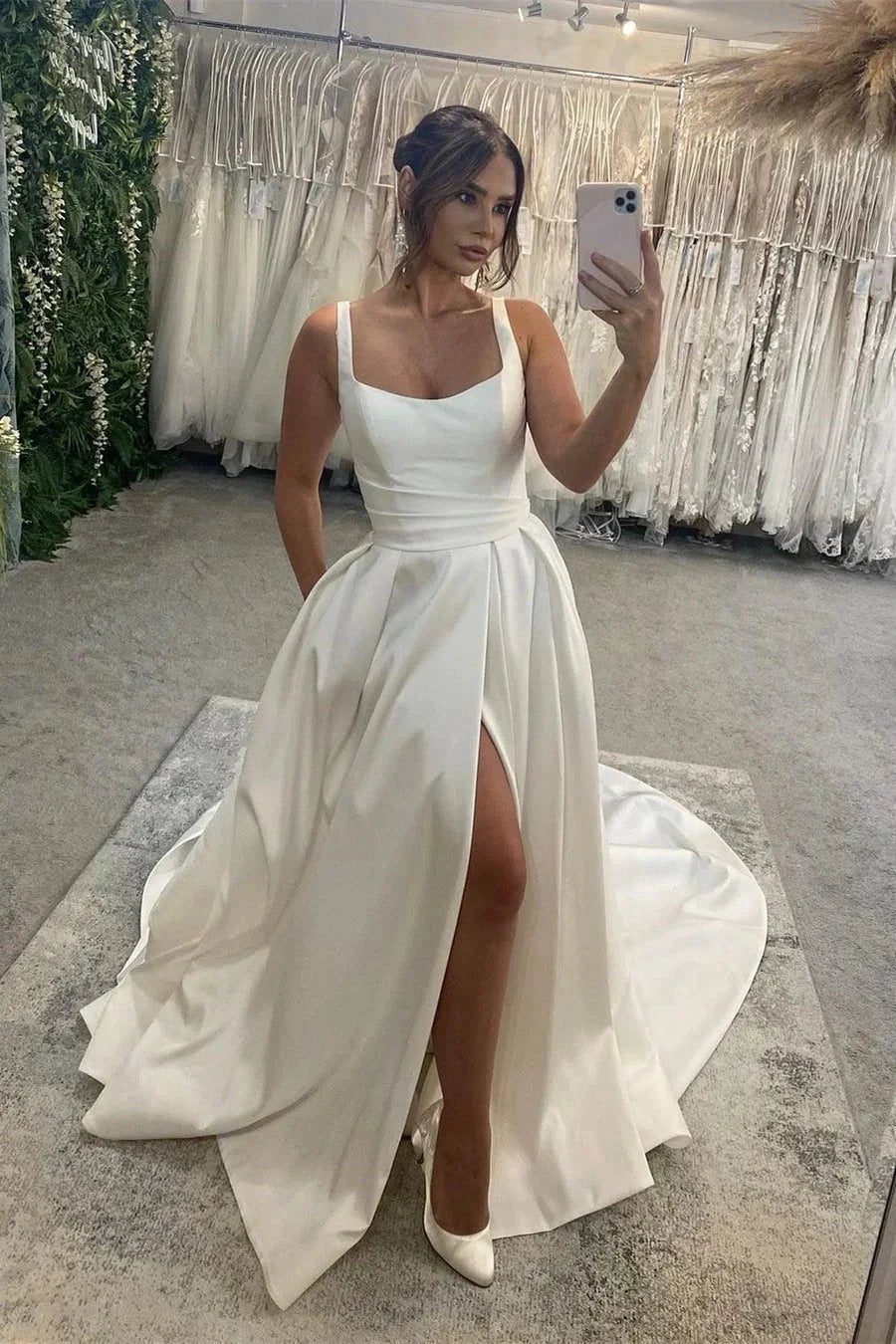 Elegant Long Ivory A-line Straps Satin Sleeveless Backless Wedding Dress With Slit (ZD15669)