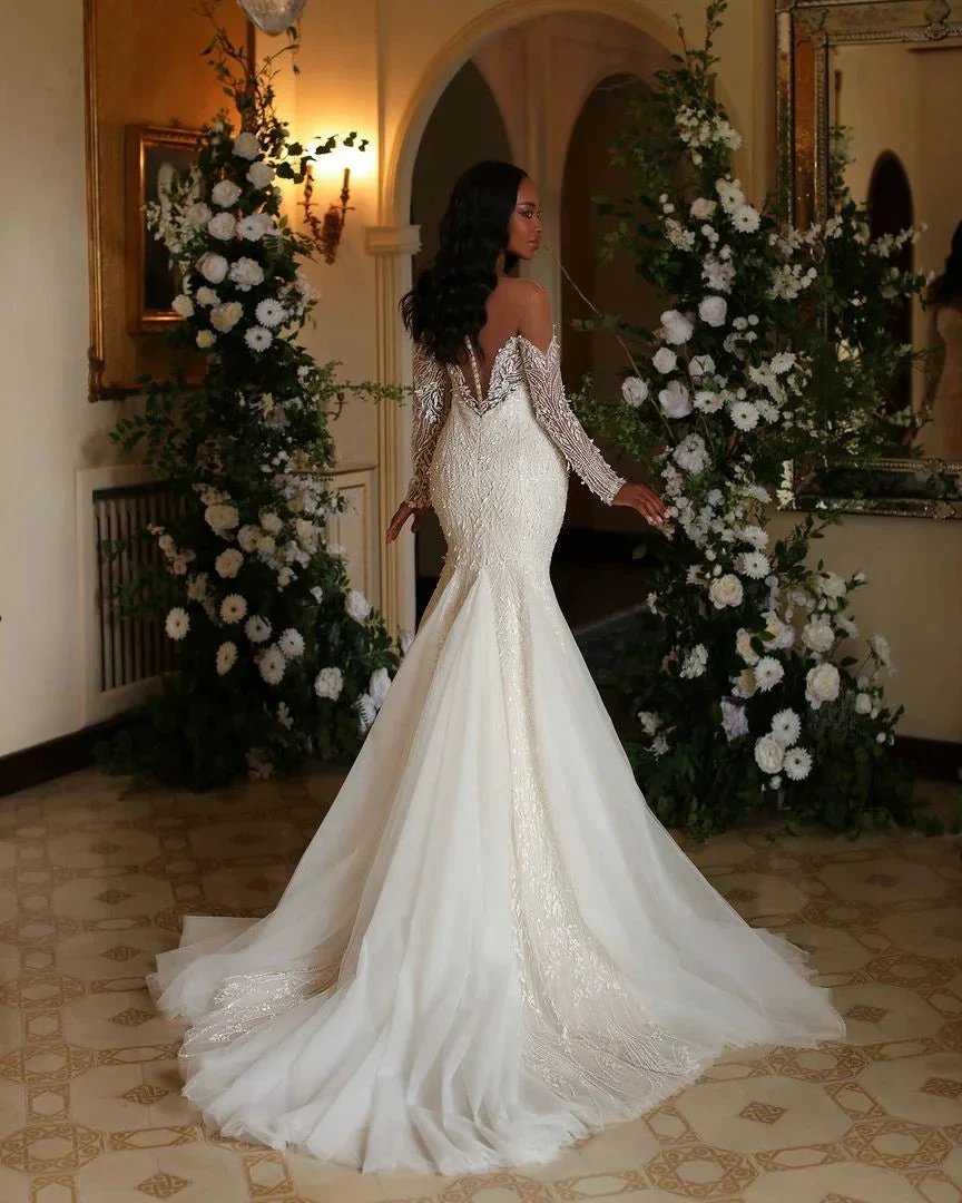 Elegant Long Ivory Mermaid Long Sleeves Lace Tulle Wedding Dress (ZD15660)
