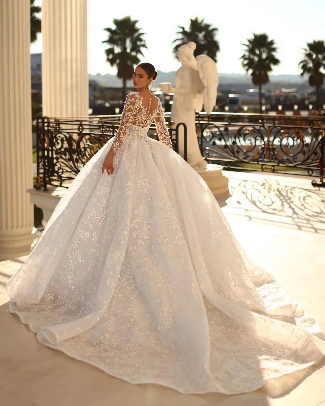 Elegant Long Ivory V-neck Ball Gown Lace Wedding Dress With Long Sleeves (ZD15655)