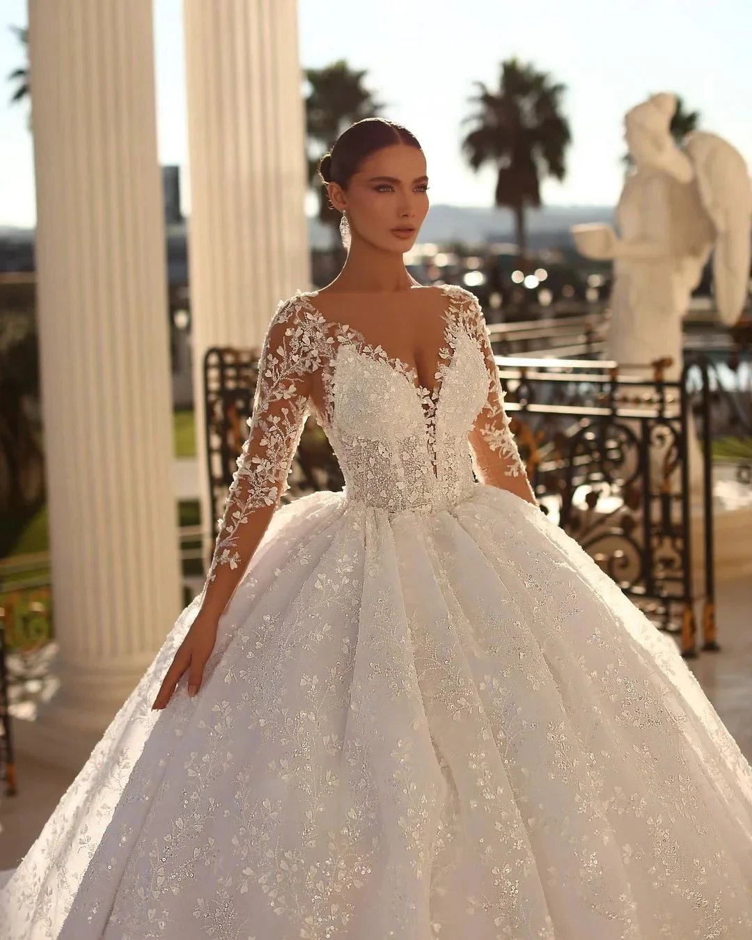 Elegant Long Ivory V-neck Ball Gown Lace Wedding Dress With Long Sleeves (ZD15655) - View 3 | VelvetHem