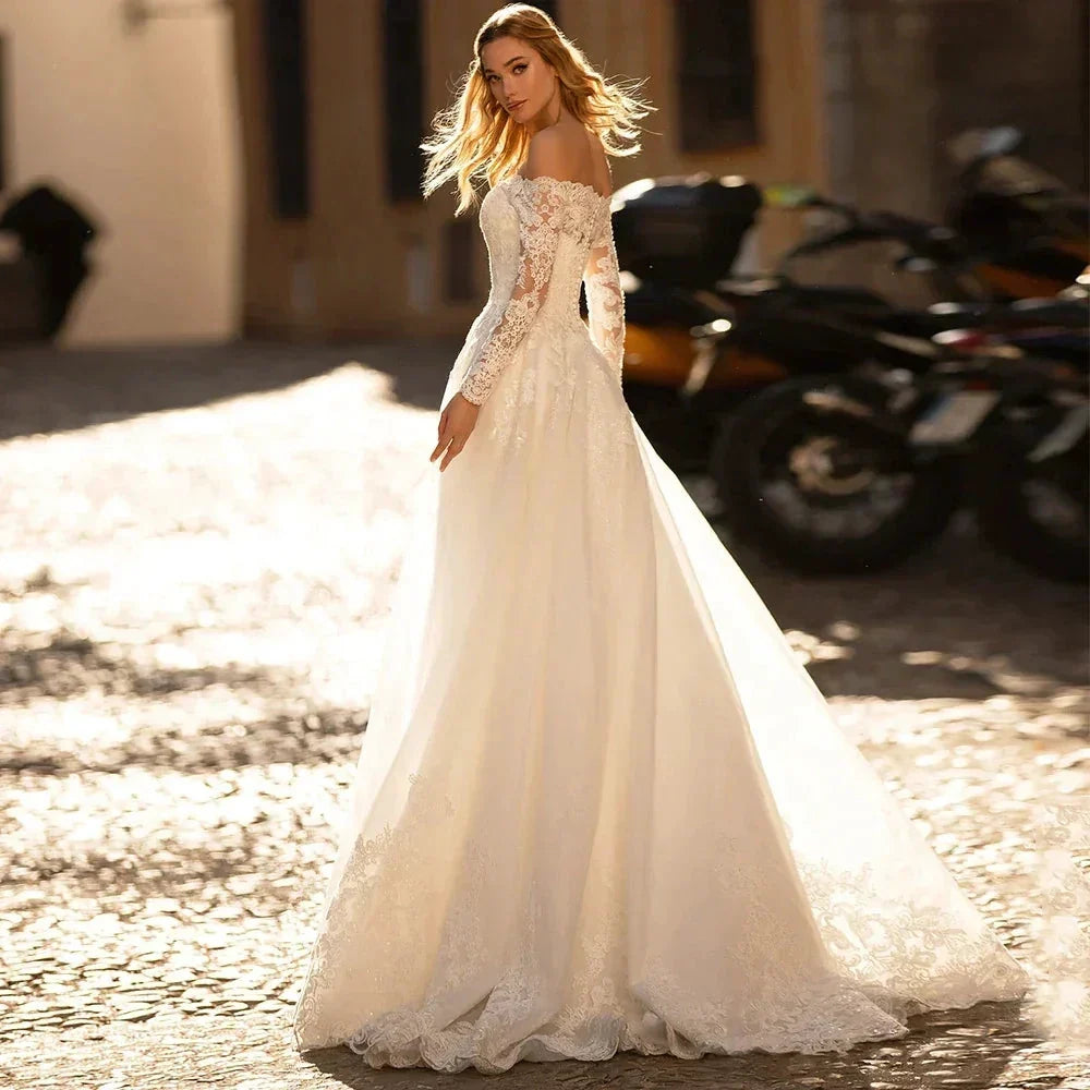 Elegant Long Sleeve Wedding Dresses Off The Shoulder Boat Neck Lace Appliques Sweep Train A-Line Bridal Gown Vestidos De Novia (ZD14089)