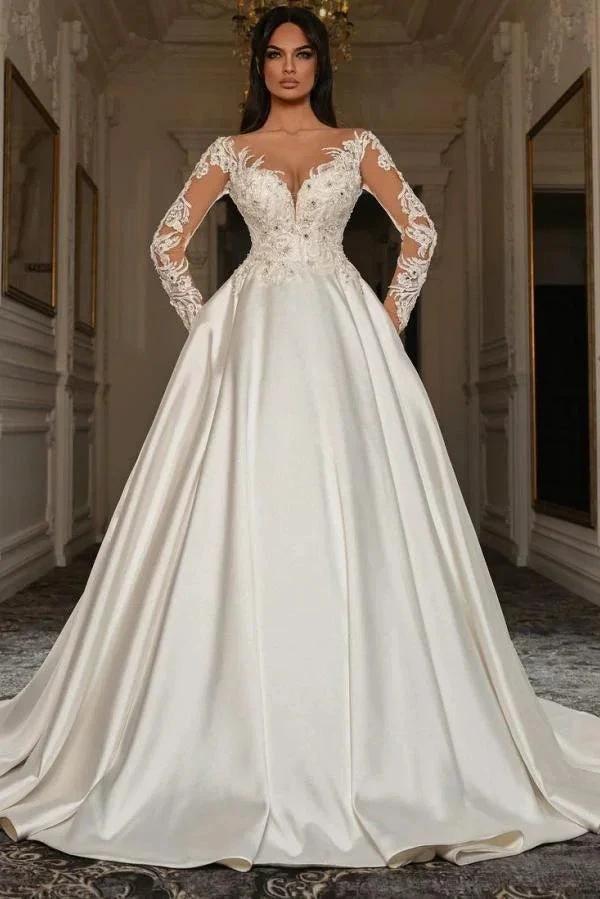 Elegant Long Sleeves A-line Sweetheart Satin Lace Wedding Dresses with Pockets (ZD14488)