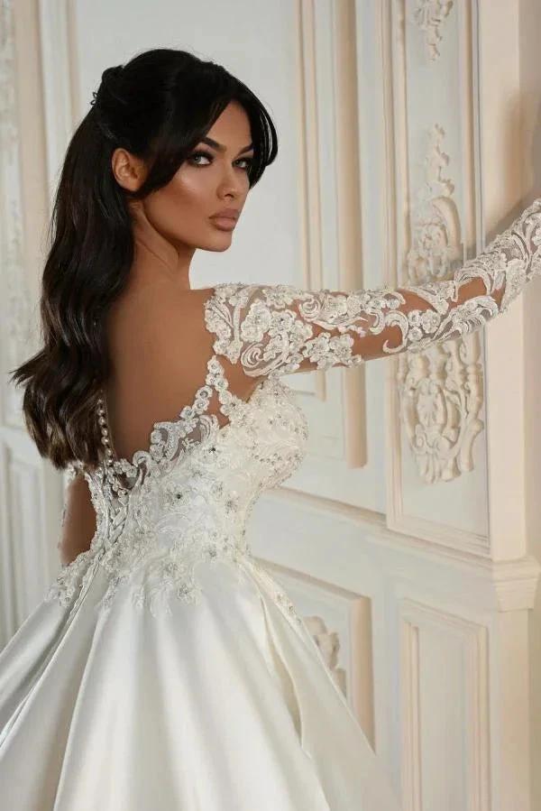 Elegant Long Sleeves A-line Sweetheart Satin Lace Wedding Dresses with Pockets (ZD14488) - View 2 | VelvetHem