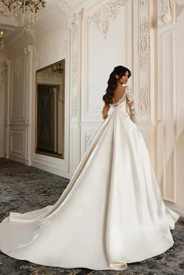 Elegant Long Sleeves A-line Sweetheart Satin Lace Wedding Dresses with Pockets (ZD14488) - View 3 | VelvetHem