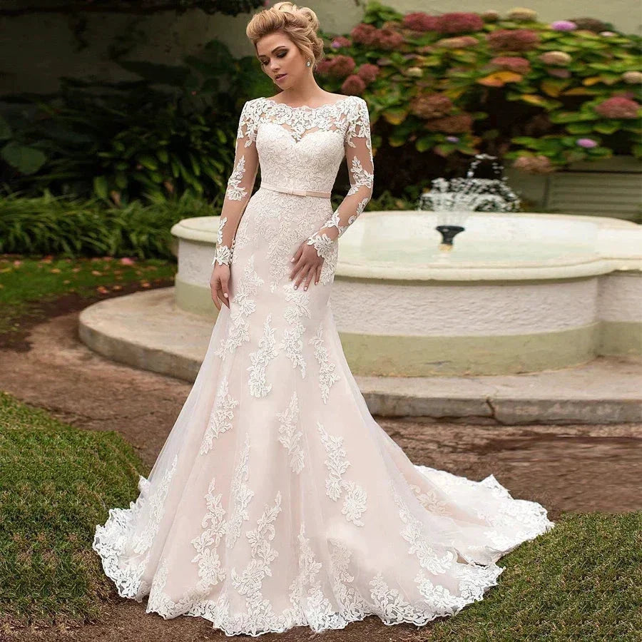 Elegant Long Sleeves Appliques Vestido De Noiva Lace-up back Mermaid Wedding Dress Sexy Backless Vestidos De Novia (ZD14039)