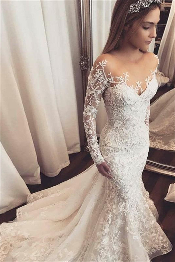 Elegant Long Sleeves Mermaid Wedding Dresses | Sheer Tulle Lace Bridal Gowns with Buttons BC1509