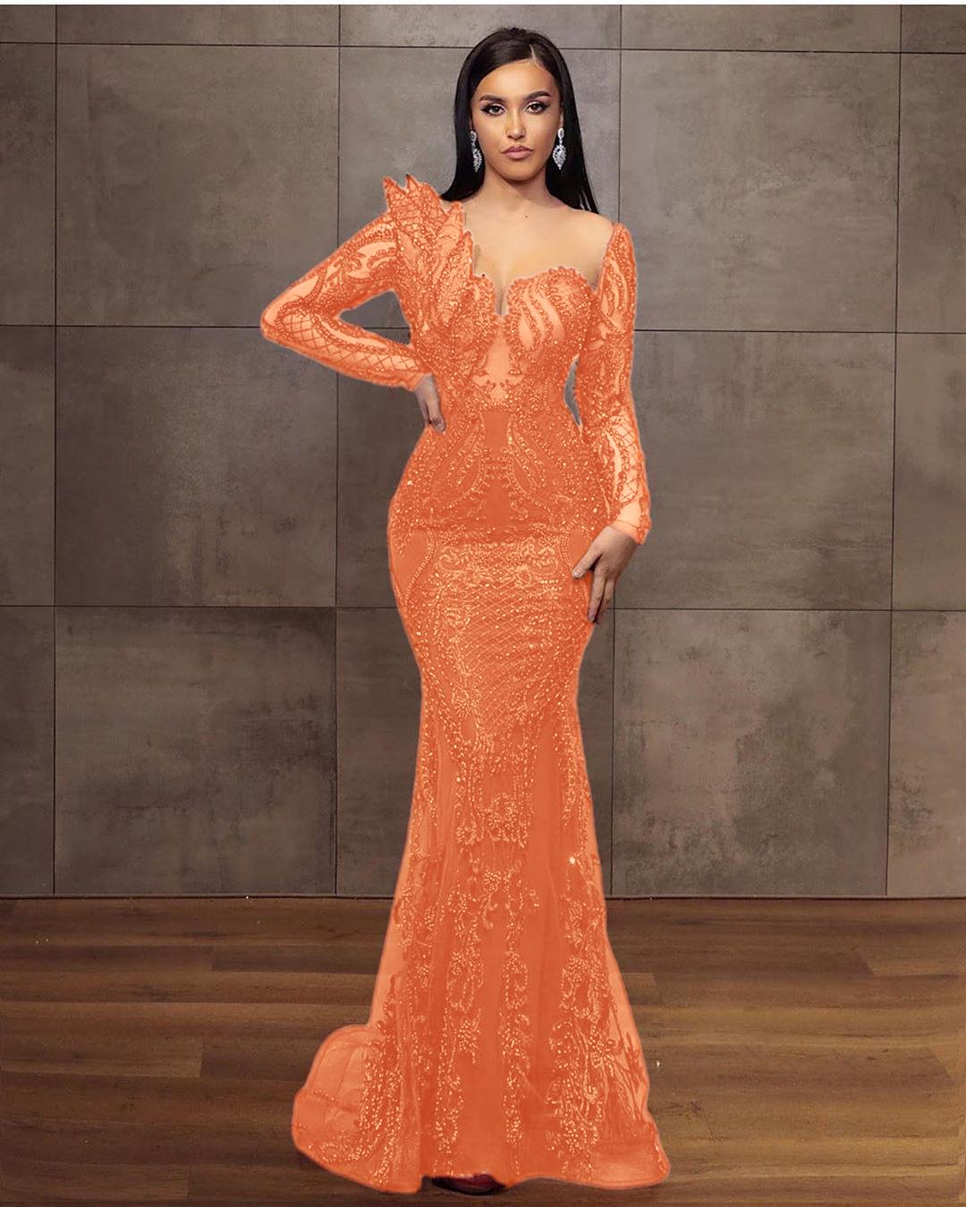 Elegant Long Sleeves Tulle Red Lace Appliques Mermaid Evening Dresses