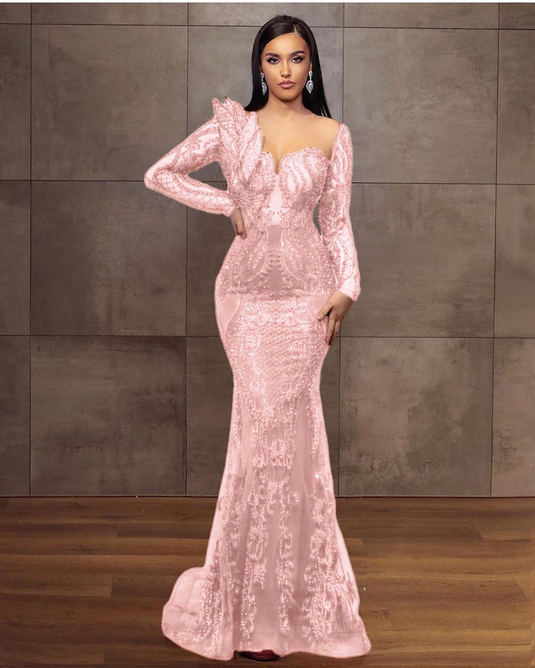 Elegant Long Sleeves Tulle Red Lace Appliques Mermaid Evening Dresses