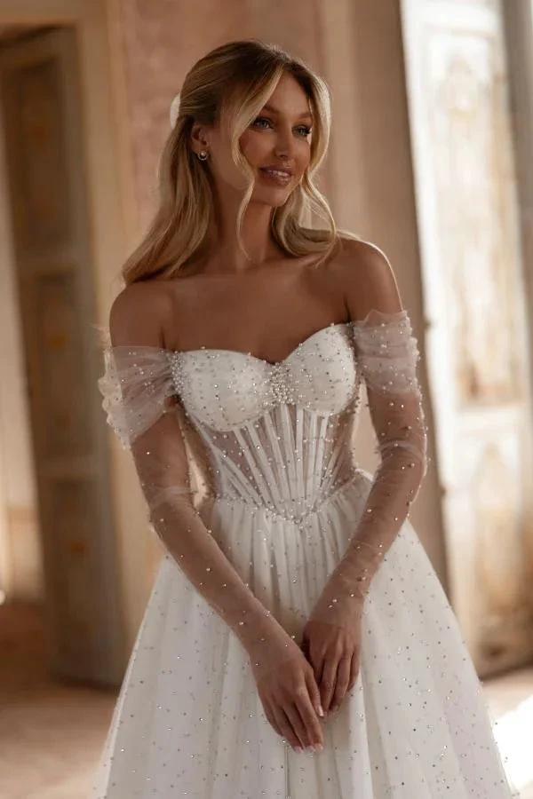 Elegant Long White A Line Off-The-Shoulder Tulle Wedding Dress (ZD14483)
