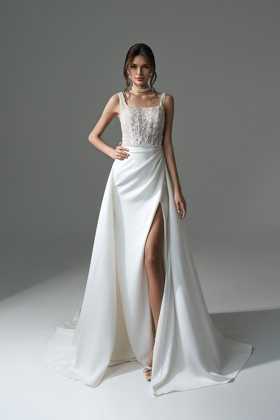 Sophisticated Long White A-line Beaded Lace Wedding Dress With Slit (ZD17477)