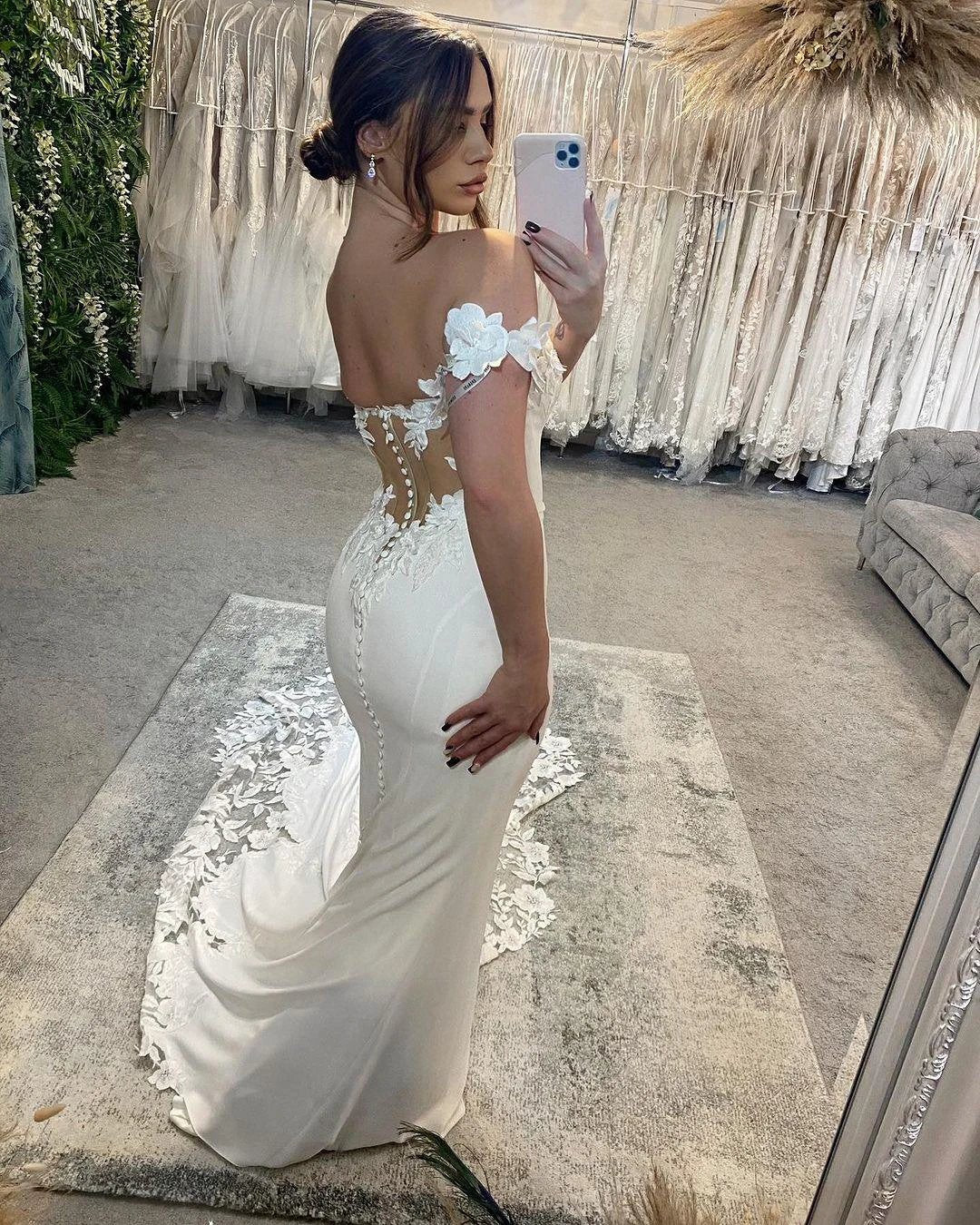 Elegant Long White Mermaid Off-the-shoulder Appliques Wedding Dress With Train (ZD15663)