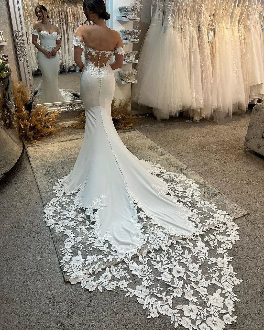 Elegant Long White Mermaid Off-the-shoulder Appliques Wedding Dress With Train (ZD15663)