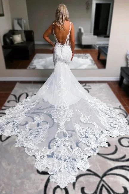 Elegant Long White Mermaid Straps V-neck Backless Wedding Dress with Lace (ZD15598) - View 2 | VelvetHem
