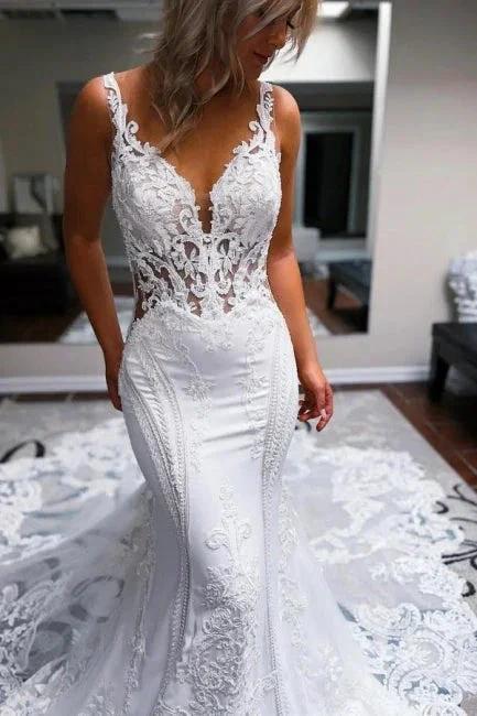 Elegant Long White Mermaid Straps V-neck Backless Wedding Dress with Lace (ZD15598)