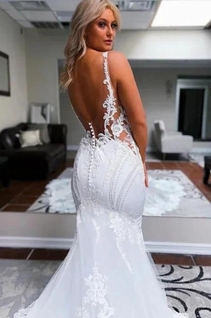 Elegant Long White Mermaid Straps V-neck Backless Wedding Dress with Lace (ZD15598)