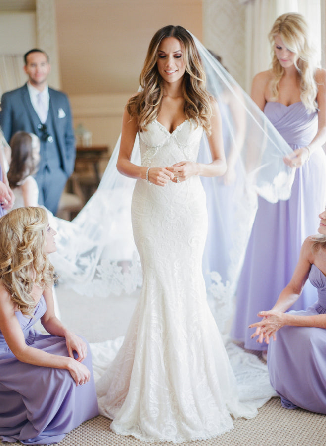 Elegant Mermaid Spaghetti Strapless Bridal Gown Lace Backless Trumpet Court Train Wedding Dress