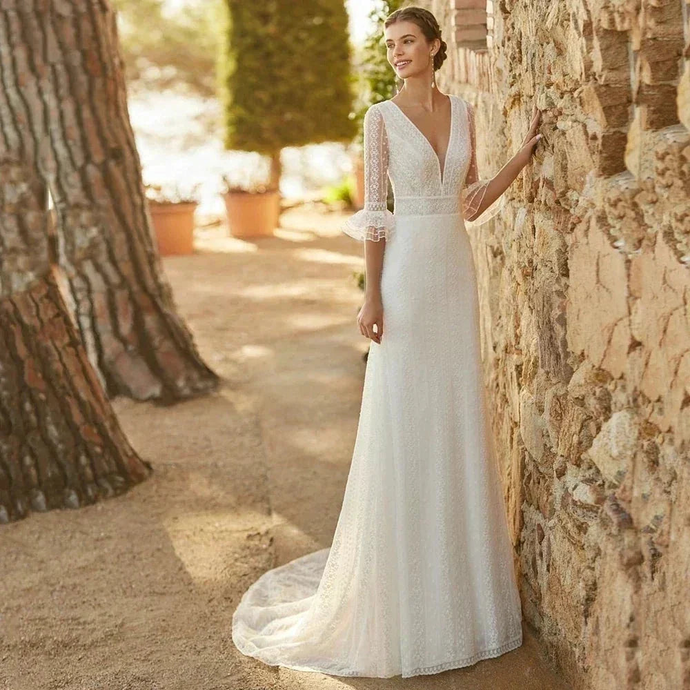 Elegant Mermaid Wedding Dresses Lace Bohemia Sexy Deep V-Neck Half Sleeve Bridal Gowns Pearl Button Formal Beach Party Robe Tull by payinti
