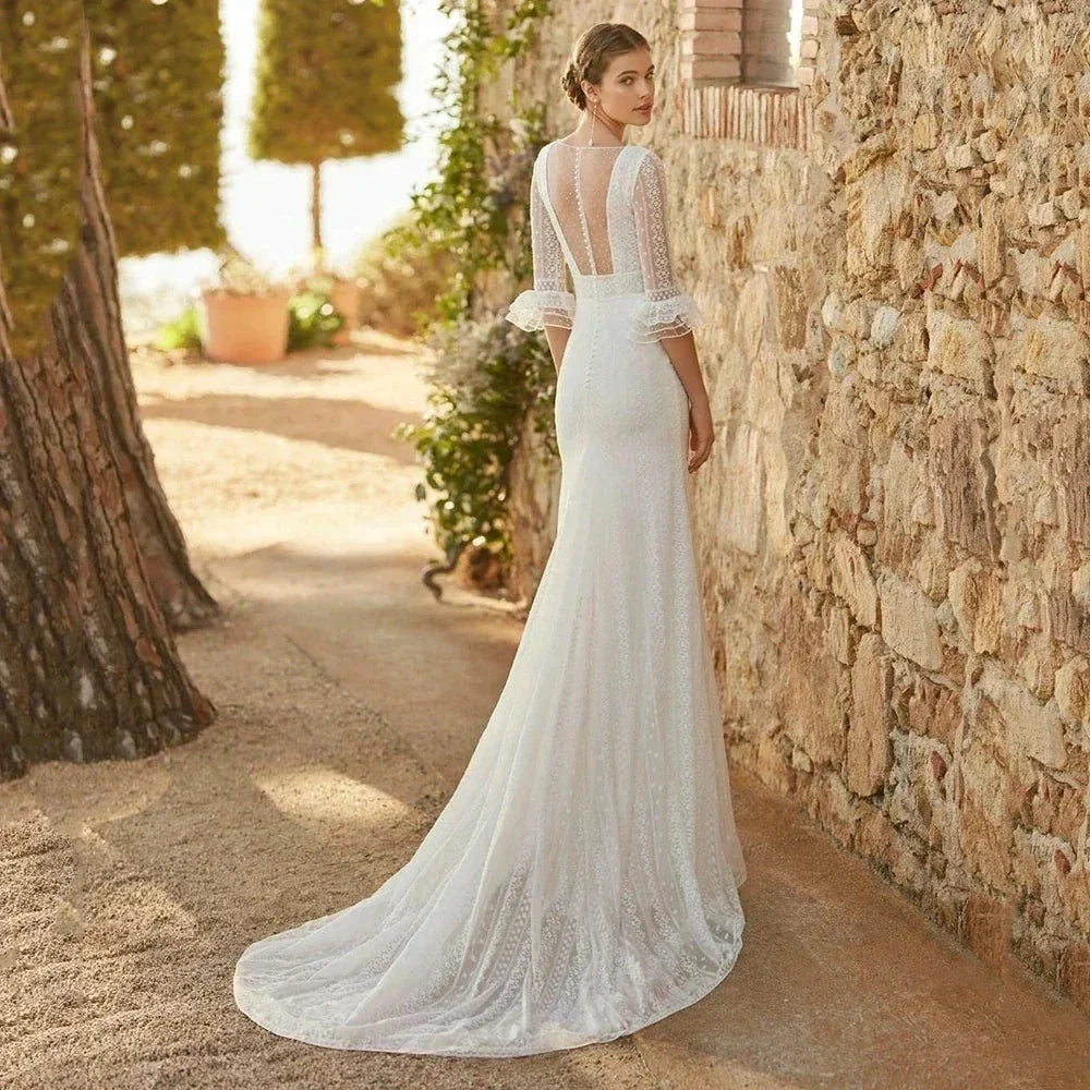 Elegant Mermaid Wedding Dresses Lace Bohemia Sexy Deep V-Neck Half Sleeve Bridal Gowns Pearl Button Formal Beach Party Robe Tull (ZD14176)
