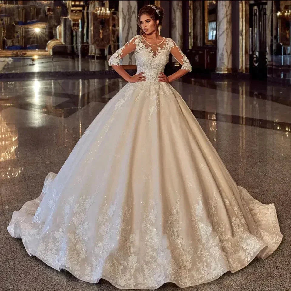 Elegant O-Neck Pearls Lace Appliques Ball Gown Wedding Dress 2023 Half Sleeves Bridal Gown Tulle Lace Up Robe De Mariée (ZD14112)