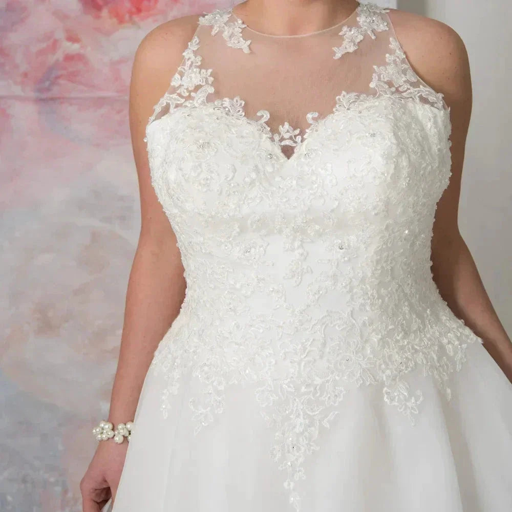 Elegant O-neck Plus Size Wedding Dresses Custom Made See Through Organza Appliqued A-line Bridal Gown Robe de Mariee (ZD13287)