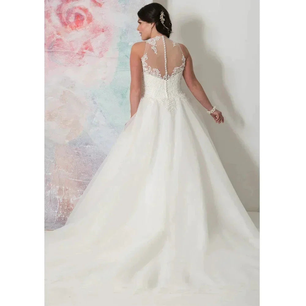 Elegant O-neck Plus Size Wedding Dresses Custom Made See Through Organza Appliqued A-line Bridal Gown Robe de Mariee (ZD13287)