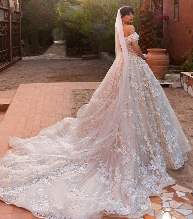 Elegant Off Shoulder Tulle Wedding Dresses | Puffy 3d-Flowers Bridal Gowns