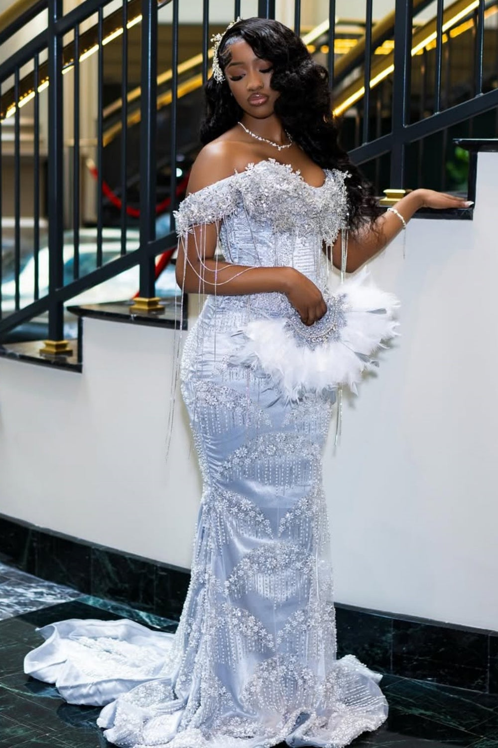 Elegant Off-The-Shoulder Short Sleeves Mermaid Prom Dresses Floor Length With Gem