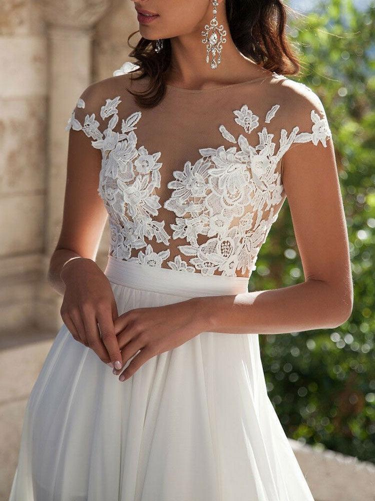Elegant Off The Shoulder White Split Ruffles Beach Wedding Dresses WIth Lace Appliques