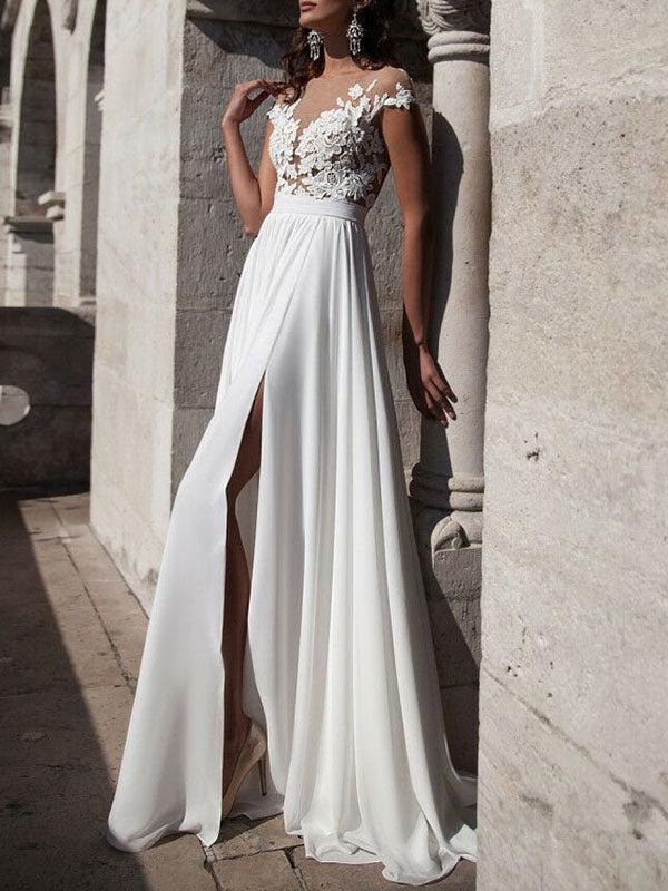 Elegant Off The Shoulder White Split Ruffles Beach Wedding Dresses WIth Lace Appliques