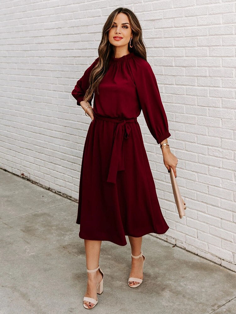 Elegant Office Dress Formal Loose Green Long Sleeve Belt ALine Midi Dresses