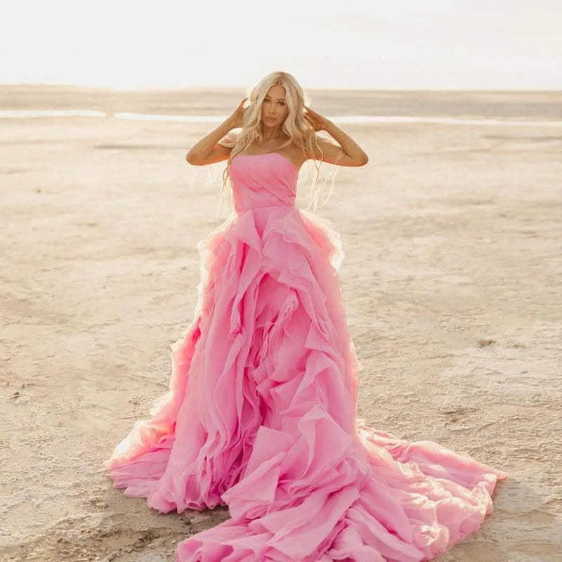 Elegant Pink Petal Ruffle Prom Party Dresses Long Strapless Bridal Photography Dress Beach Boho Maternity Photo Shoot Gowns - View 6 | VelvetHem