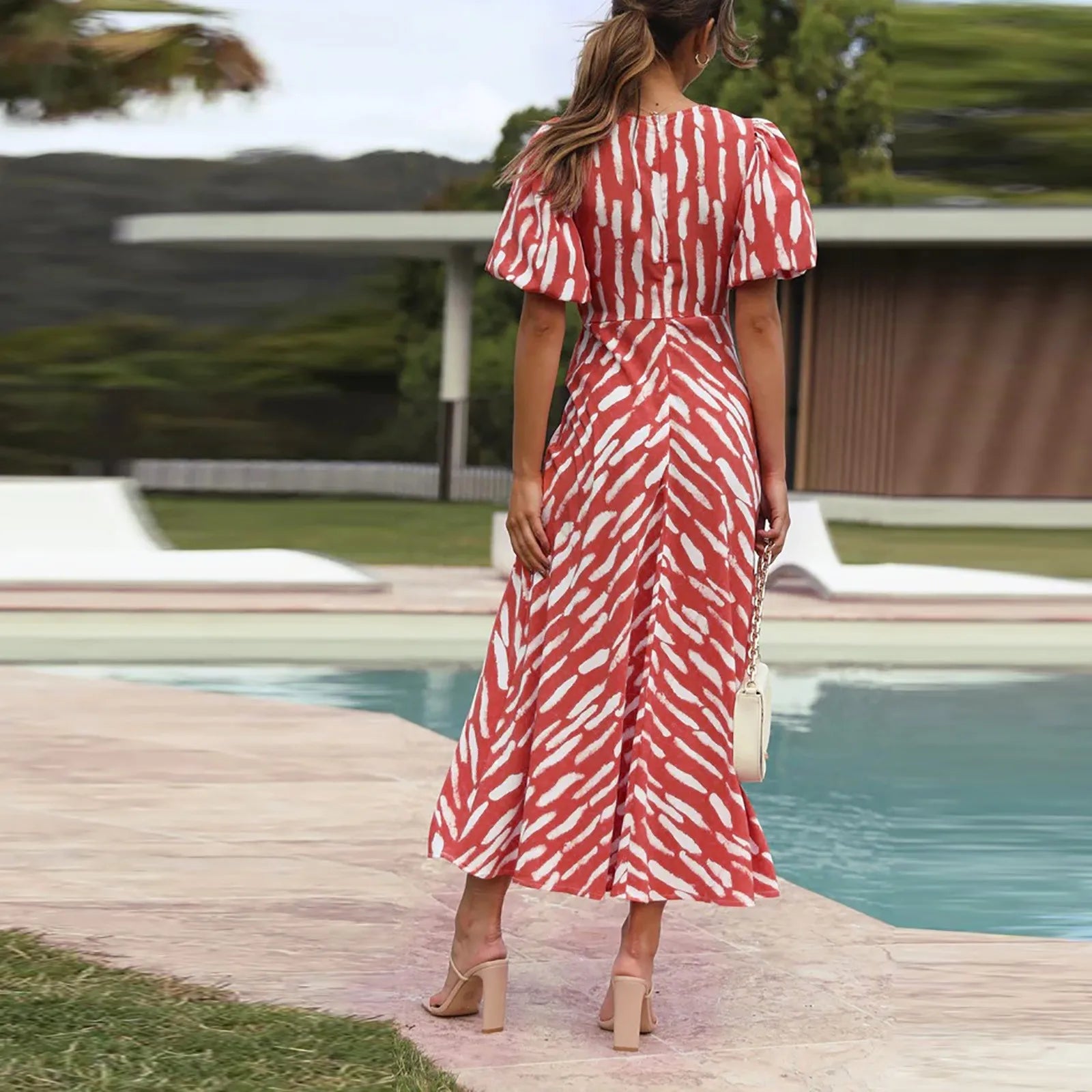 Elegant Boho Stripe Print VNeck Puff Sleeve Midi Dress