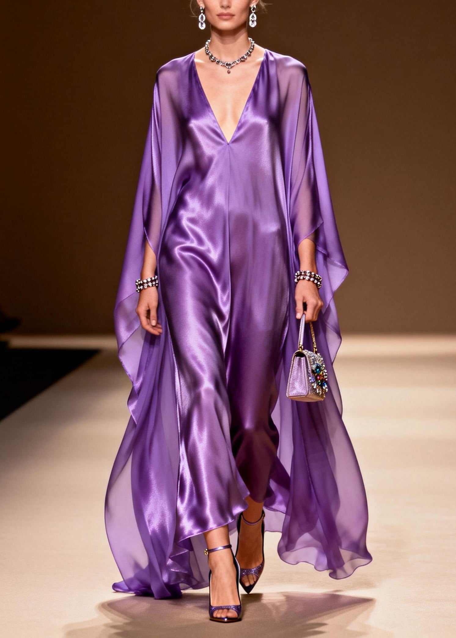 Elegant Purple V Neck Silk Long Dress Spring