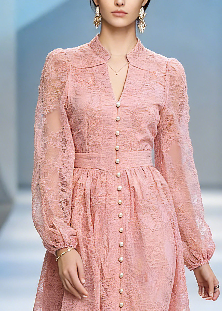 Elegant Red Stand Collar Tunic Tulle Mid Dress Lantern Sleeve