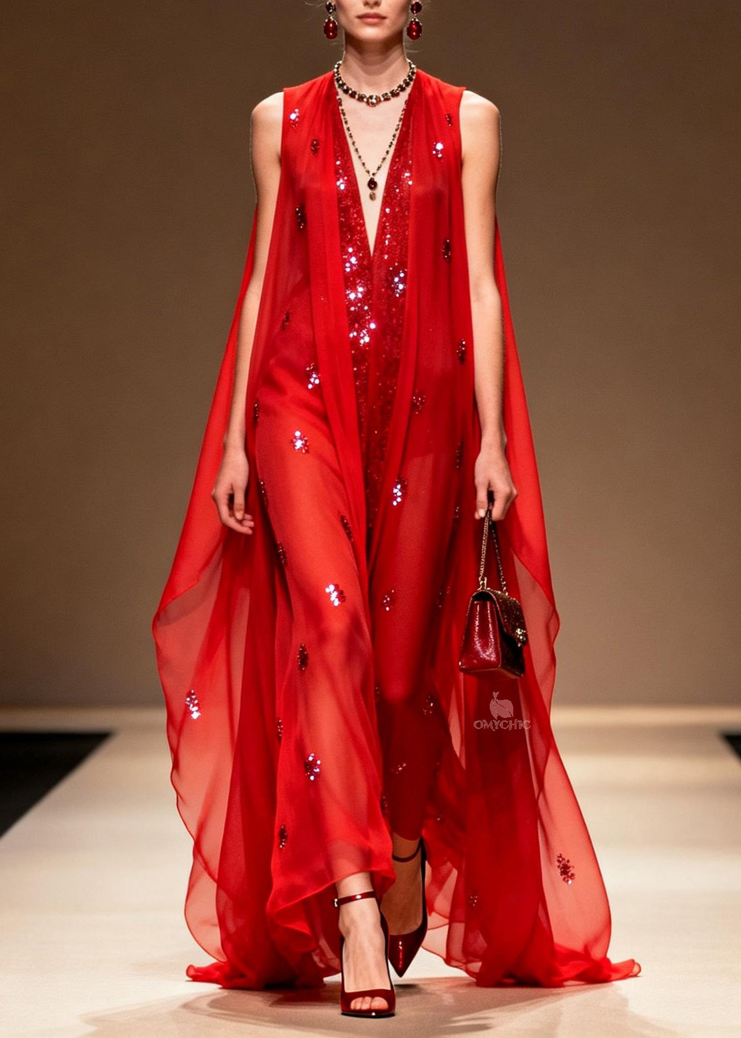 Elegant Red V Neck Zircon Patchwork Chiffon Dress Summer