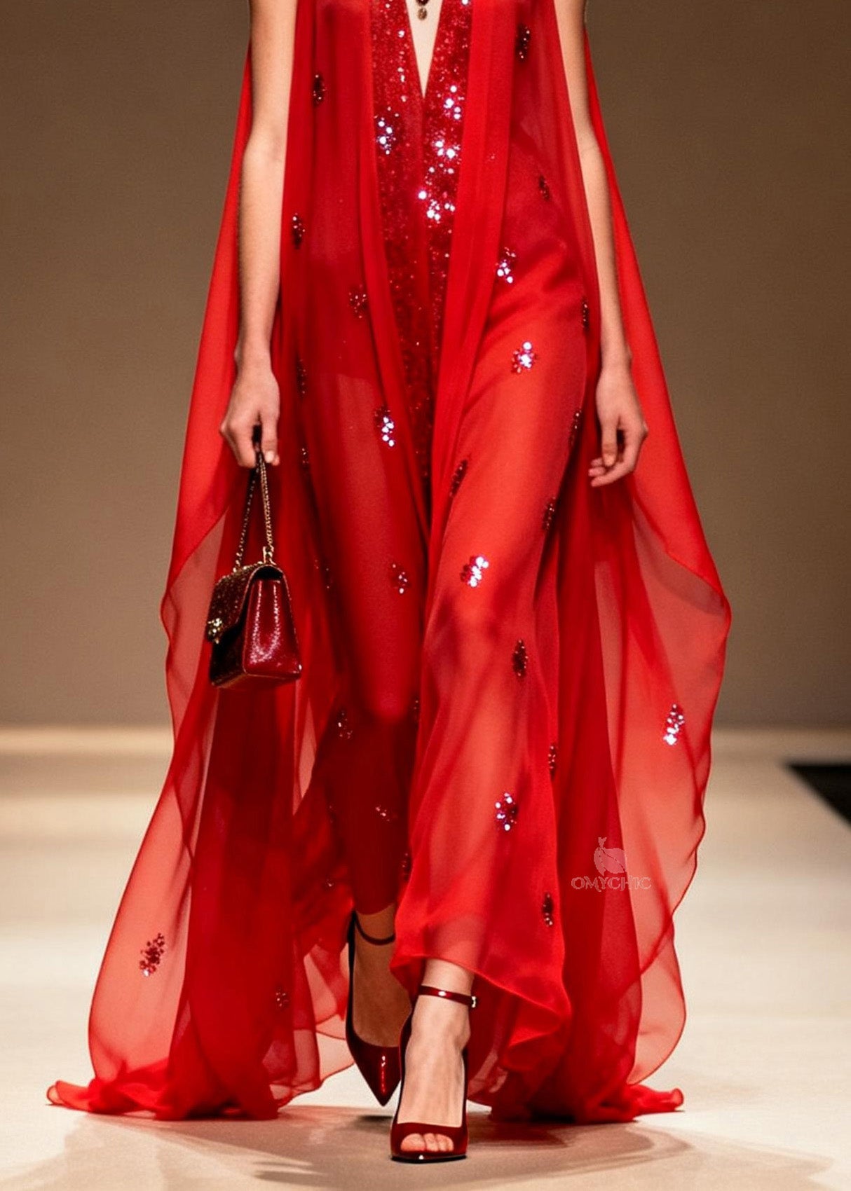 Elegant Red V Neck Zircon Patchwork Chiffon Dress Summer
