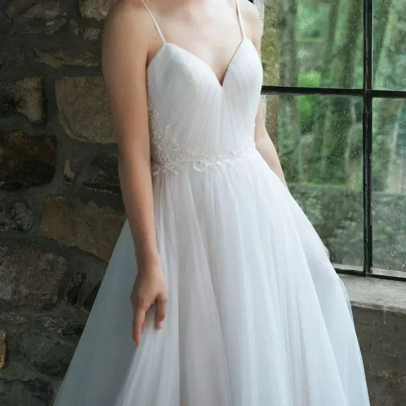 Elegant Spaghetti Straps Backless Pleat Sweetheart Sexy Wedding Dress Robe De Mariee Sofuge Boho Dubai Arabic Abiti Da Sposa (ZD14103)