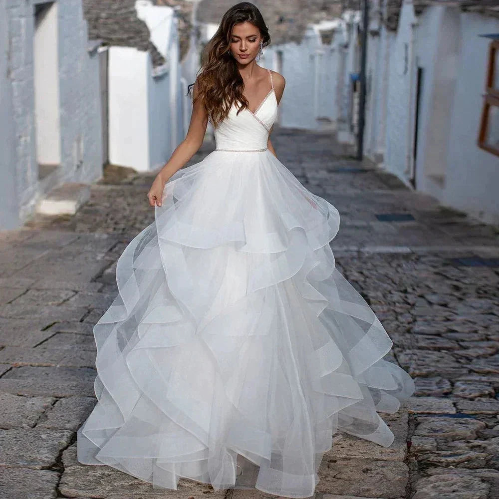 Elegant Spaghetti Straps Ball Gown Wedding Dresses Backless Robe de Mariage Delicate Beaded Ruffles Bridal Gown (ZD13296) - VelvetHem