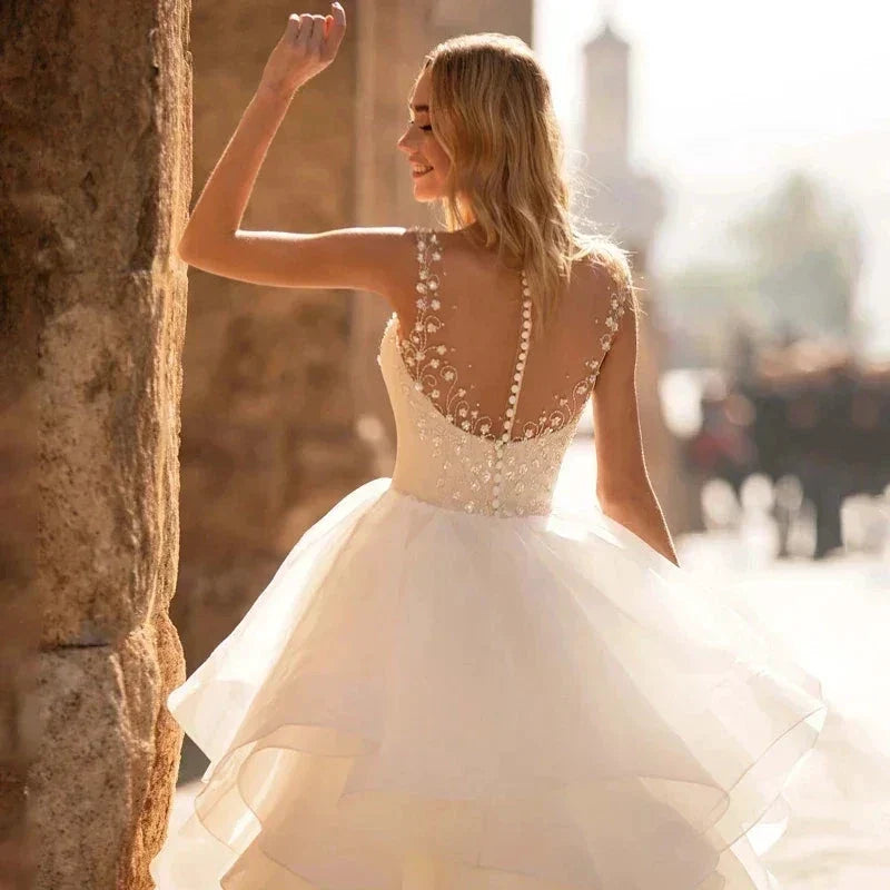 Elegant Sweetheart Wedding Dresses 2024 Applique Flowers Sleeveless Illusion Back Tiered Ball Gowns Court Train Vestido De Novia (ZD14246)