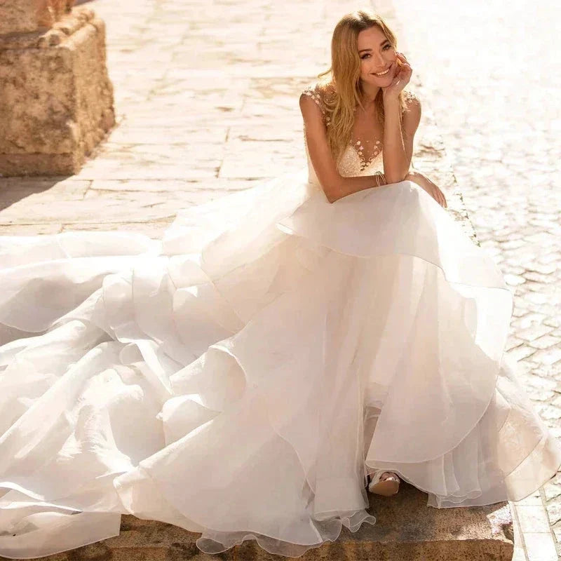 Elegant Sweetheart Wedding Dresses 2024 Applique Flowers Sleeveless Illusion Back Tiered Ball Gowns Court Train Vestido De Novia (ZD14246) - View 3 | VelvetHem