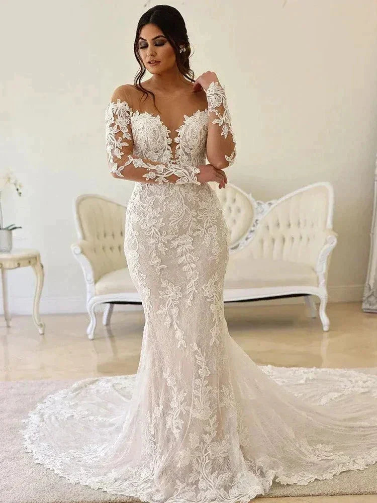 Elegant Wedding Dresses For Women Sweetheart Long Sleeves Bridal Gowns Lace Appliques Backless Robes Vestidos De Novia 2023 (ZD13328)