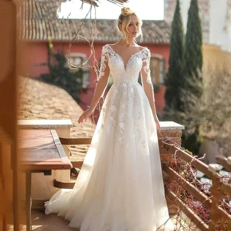 Elegant Wedding Dresses V-Neck Long Sleeves Lace Appliques Vestido De Noiva Backless Tulle Vestidos De Novia by payinti