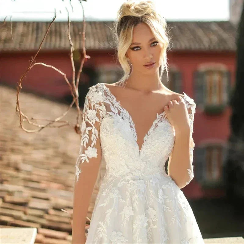 Elegant Wedding Dresses V-Neck Long Sleeves Lace Appliques Vestido De Noiva Backless Tulle Vestidos De Novia (ZD14077)