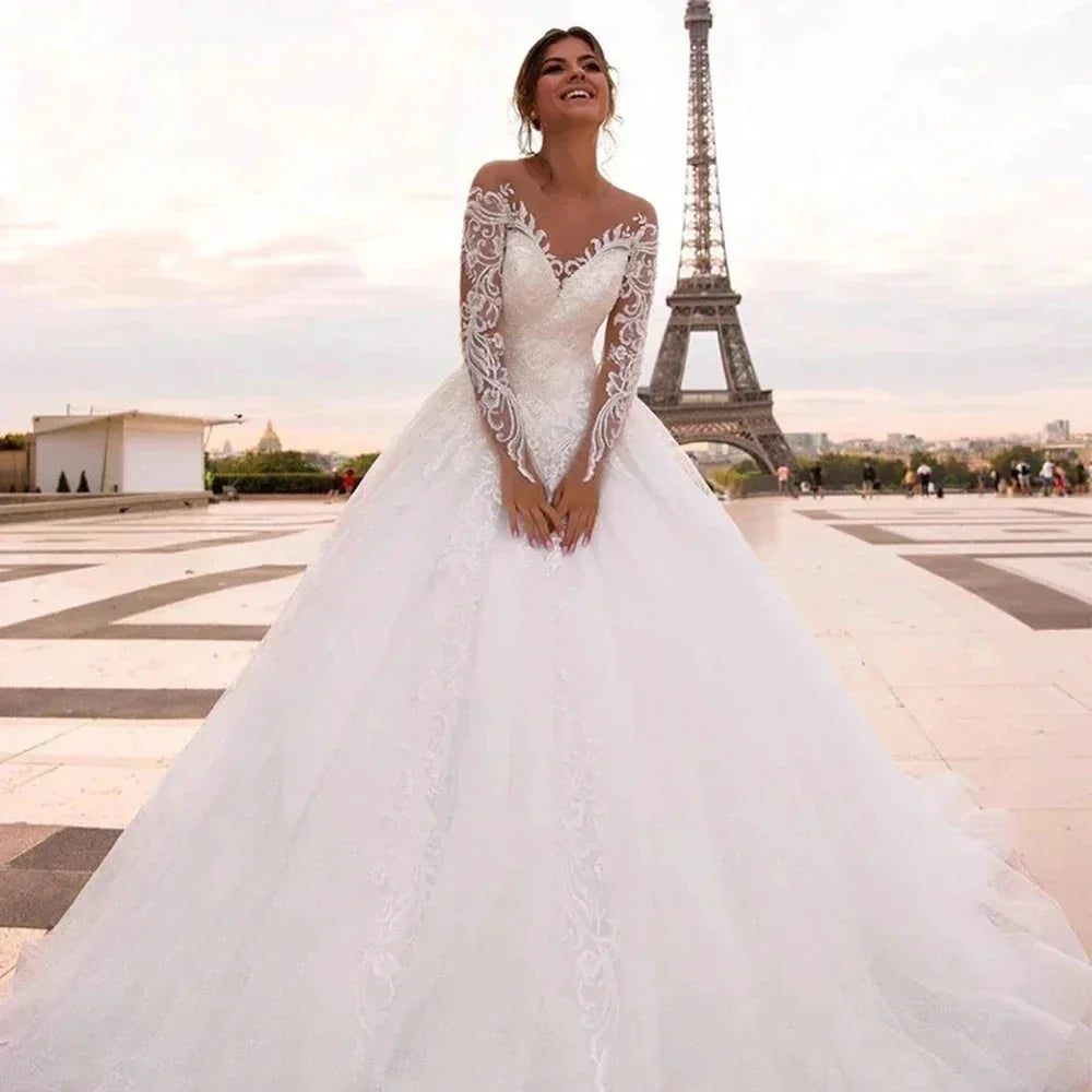 Elegant Wedding Dresses With Embroidery Princess Ball Gowns Sweetheart Full Sleeve Simplicity Back Button Vestido De Novia Robe (ZD14147) - VelvetHem